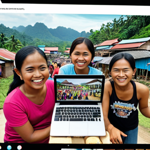 Home 11 A vibrant scene of diverse Malaysians contributing small amounts to a crowdfunding campaign on a laptop. The background shows a kampung (village) with a newly built community center, symbolizing the positive impact of collective funding. Focus on the expressions of hope and community spirit.