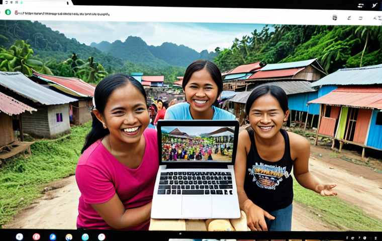 A vibrant scene of diverse Malaysians contributing small amounts to a crowdfunding campaign on a laptop. The background shows a kampung (village) with a newly built community center, symbolizing the positive impact of collective funding. Focus on the expressions of hope and community spirit.
