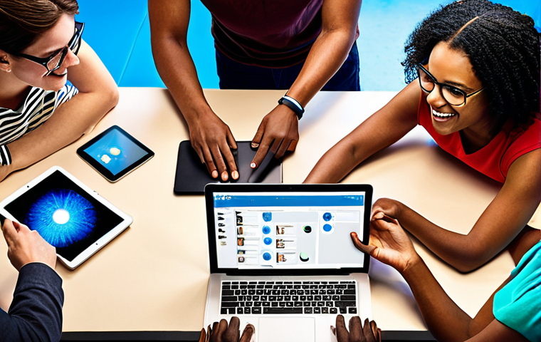 **Image Prompt 1:** A diverse group of people collaborating on a crowdfunding project, using laptops and tablets. The scene emphasizes teamwork, creativity, and the use of technology. Focus on a vibrant and energetic atmosphere, showcasing the excitement of bringing an idea to life.